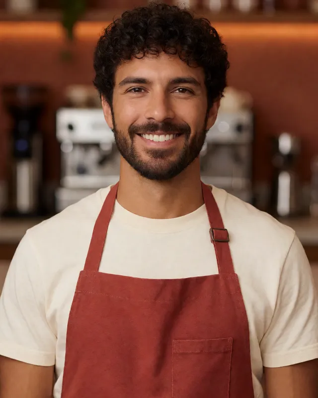 Mateo, asistente virtual para gastronomía, con delantal de café terracota