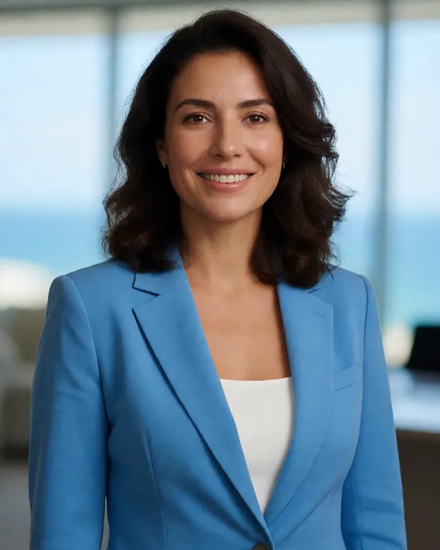 Sofía, asistente virtual para inmobiliarias y turismo, con blazer azul